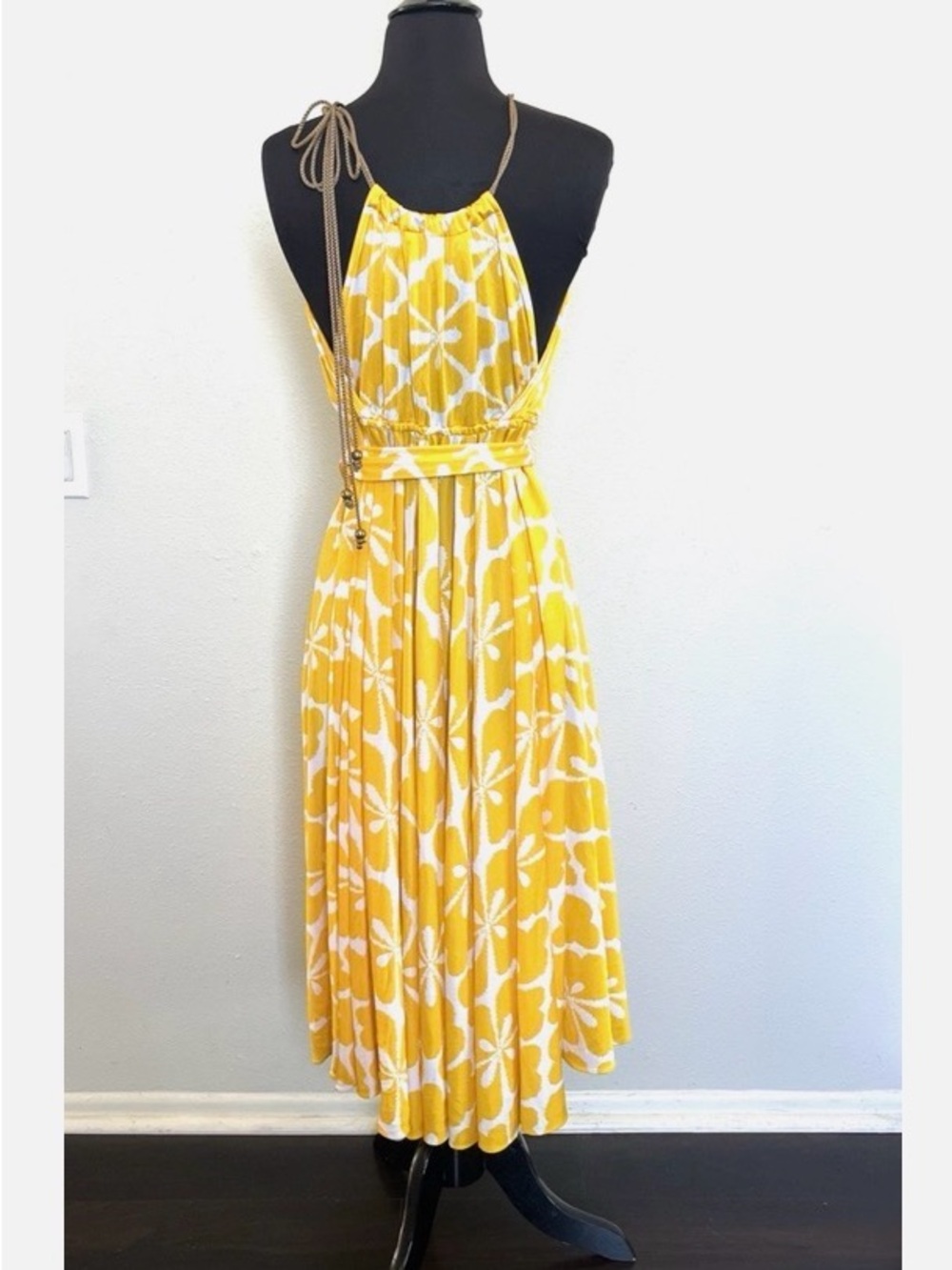 Diane Von Furstenberg Yellow and White Floral Halter Midi Dress